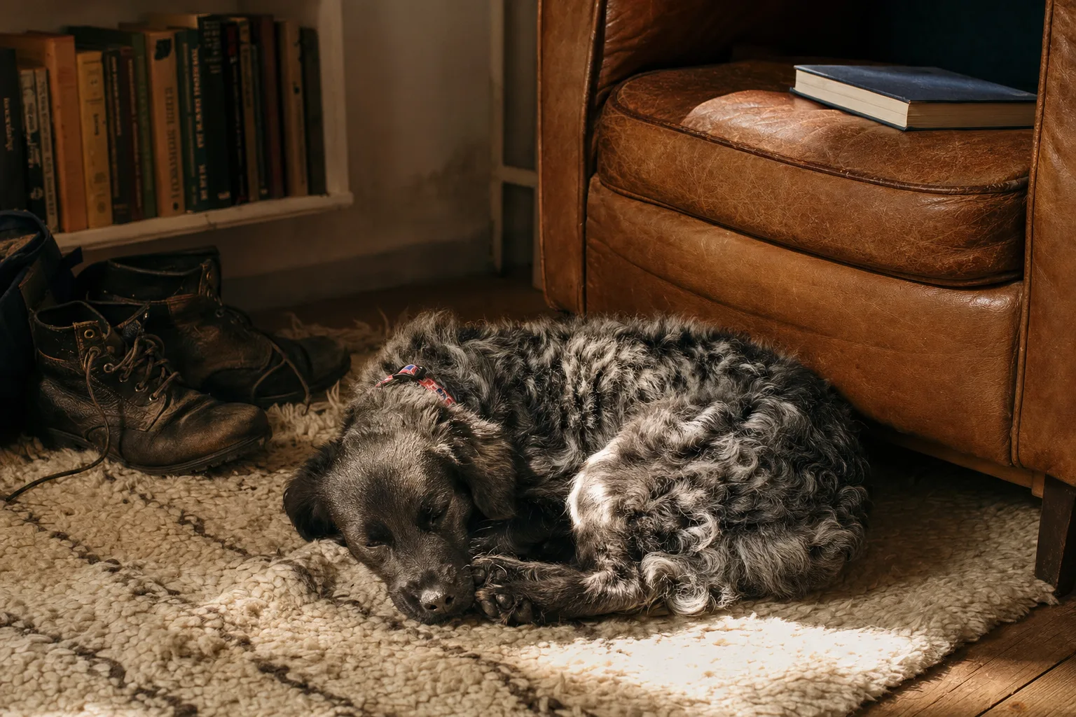 Fimme, a curly black-and-grey mixed-breed dog, asleep on a Berber-style wool rug in a beam of late-afternoon light. A worn leather armchair behind him, a hardcover book left face-down on the seat. Worn boots beside the rug, a low bookshelf along the wall.