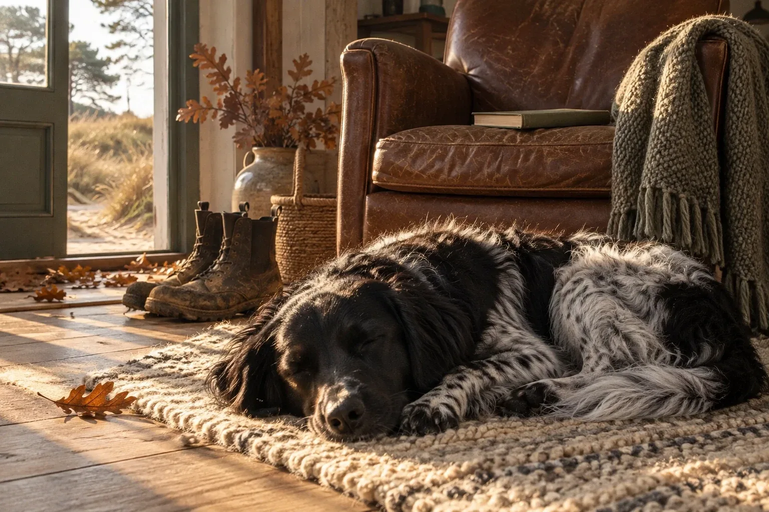 Fimme, a black-and-grey mixed-breed dog, asleep on a wool rug in a beam of low October sun. A worn leather armchair behind him with a book on the seat and a knitted throw over the arm. Muddy boots and a few fallen oak leaves by the open door.