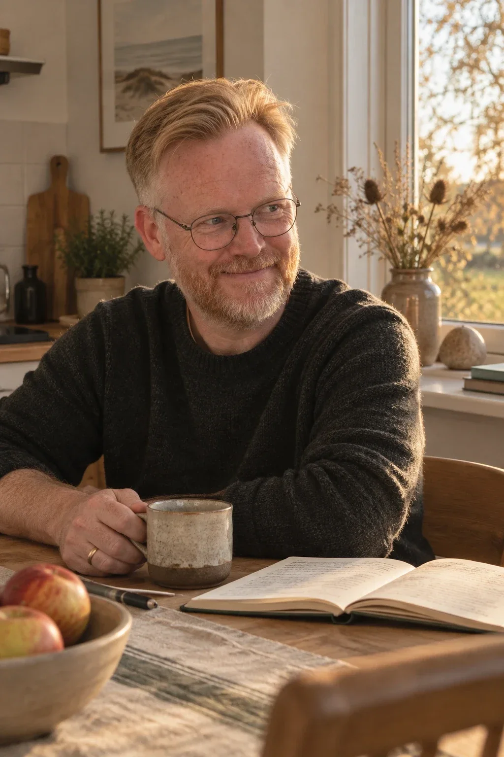 Casey at his kitchen table on an October afternoon. Wire-frame glasses, a dark wool sweater, a half-smile, looking past the camera, a ceramic mug in hand. An open notebook and a bowl of apples on the table, dried grasses on the sunlit windowsill behind him.