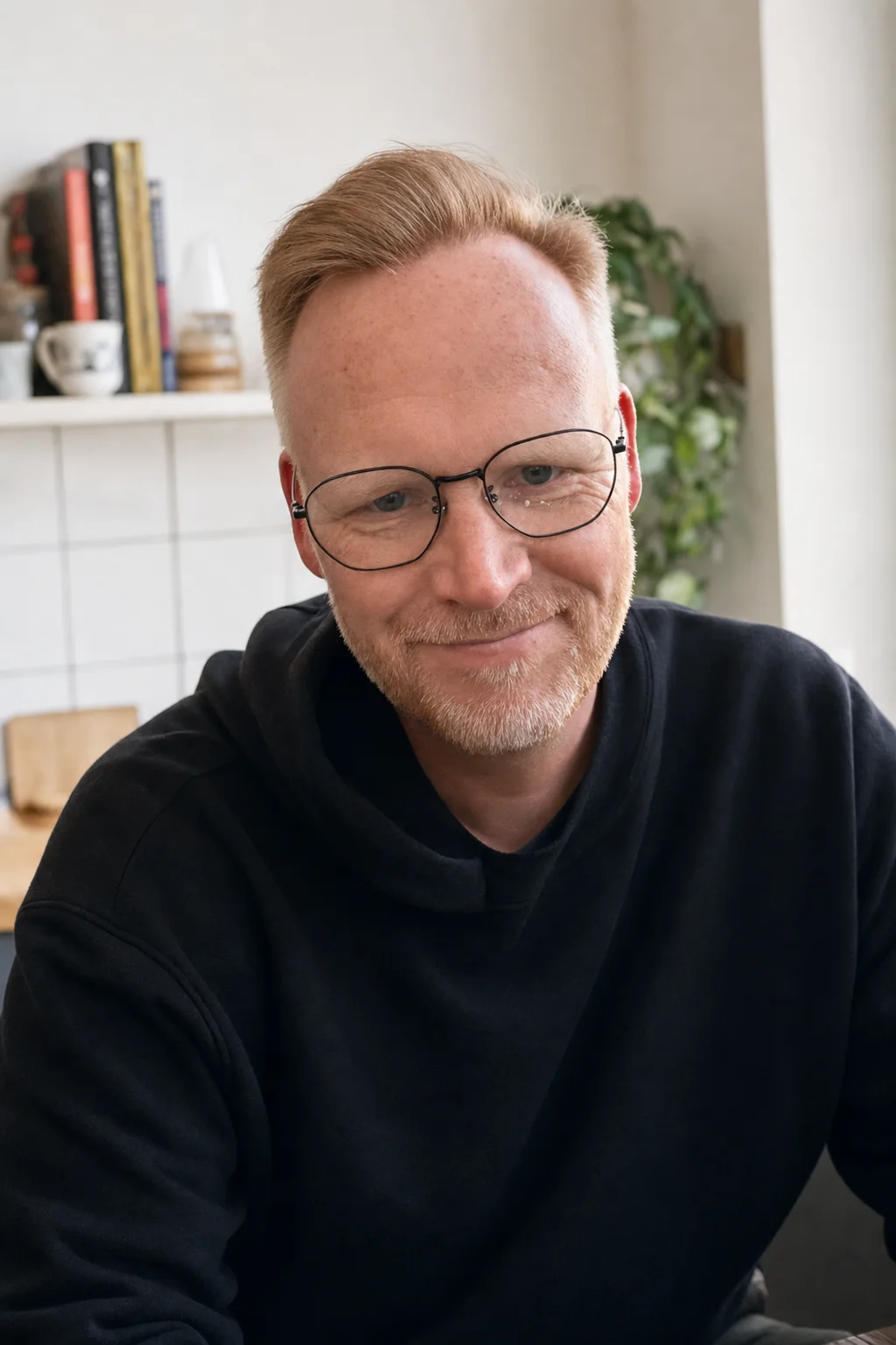Casey at his kitchen table on a Tuesday afternoon. Wire-frame reading glasses, a faded chambray shirt with sleeves rolled, a half-smile, looking past the camera. An open notebook, a ceramic mug, and a fountain pen on the table in front of him.