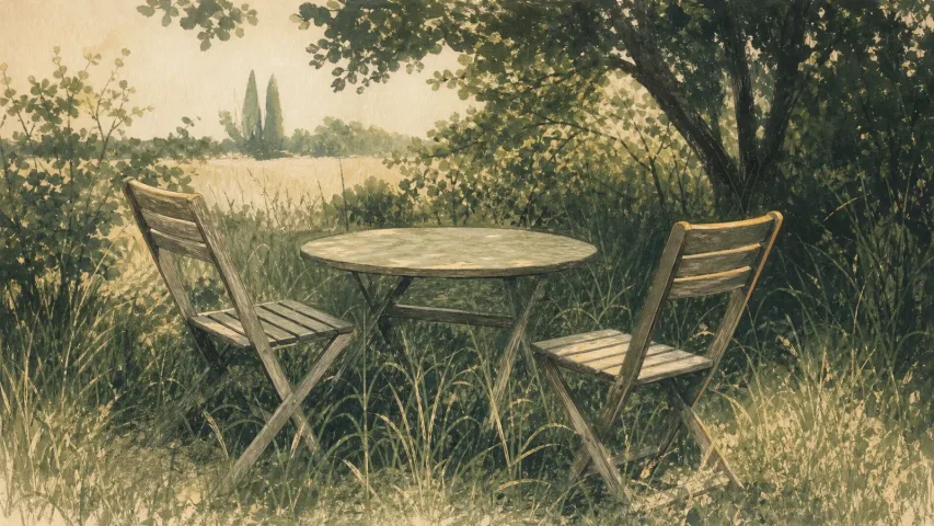 Watercolor of two weathered folding chairs and a round garden table in tall grass, under a tree at the edge of a field.