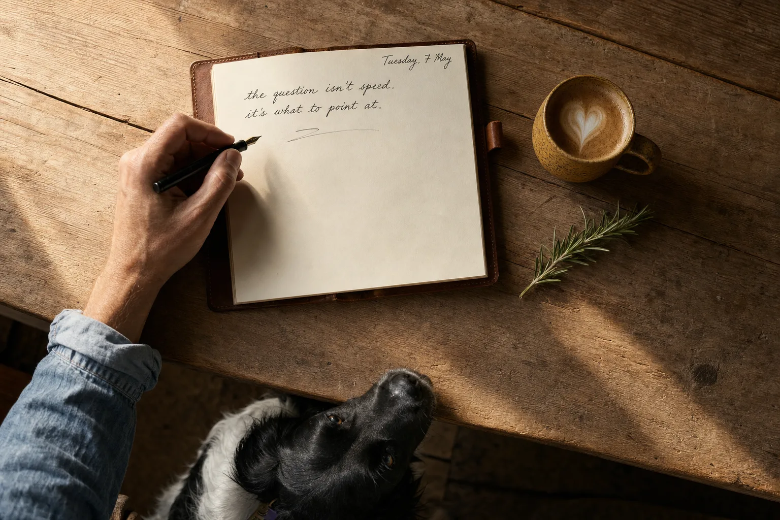 Hands at a leather field notebook, mid-sentence with a fountain pen. The cursive on the page reads: Tuesday, 7 May. The question isn't speed. It's what to point at. Sien, a black-and-white mixed-breed dog, looks up from beneath the table edge. Late-afternoon kitchen light.