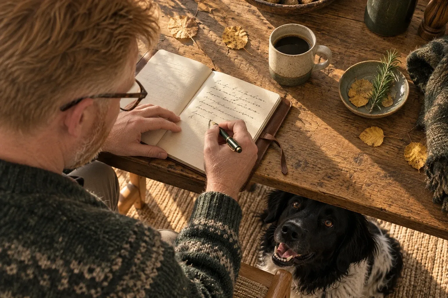 Casey, seen from over the shoulder in a Fair Isle sweater, writing with a fountain pen in a leather field notebook at an oak table. Sien, a black-and-white mixed-breed dog, looks up from beneath the table edge. A mug of coffee, a sprig of rosemary and a few yellow birch leaves on the wood, in low October afternoon light.