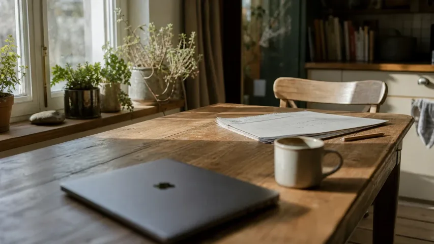 A wooden kitchen table in morning light: a closed laptop and a coffee cup on the near side, an open paper calendar and an empty chair on the far side, where the light falls.