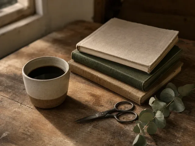 A stack of three linen-bound notebooks on a worn wooden table beside a stoneware cup of coffee, small steel scissors and a sprig of eucalyptus, lit from a window.