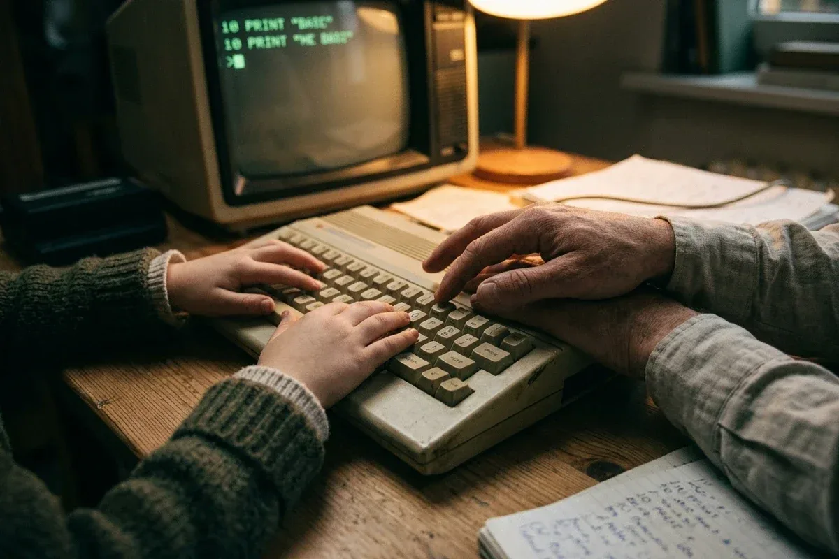 A child's hands on the keyboard of a 1980s home computer, an adult hand guiding them, a short BASIC program on the screen