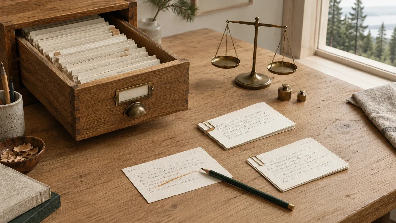 An open wooden card-index drawer on a workbench, with clipped pairs of handwritten cards, one card with a pencil correction, and a small brass balance scale. AI-generated with Bildsprache.