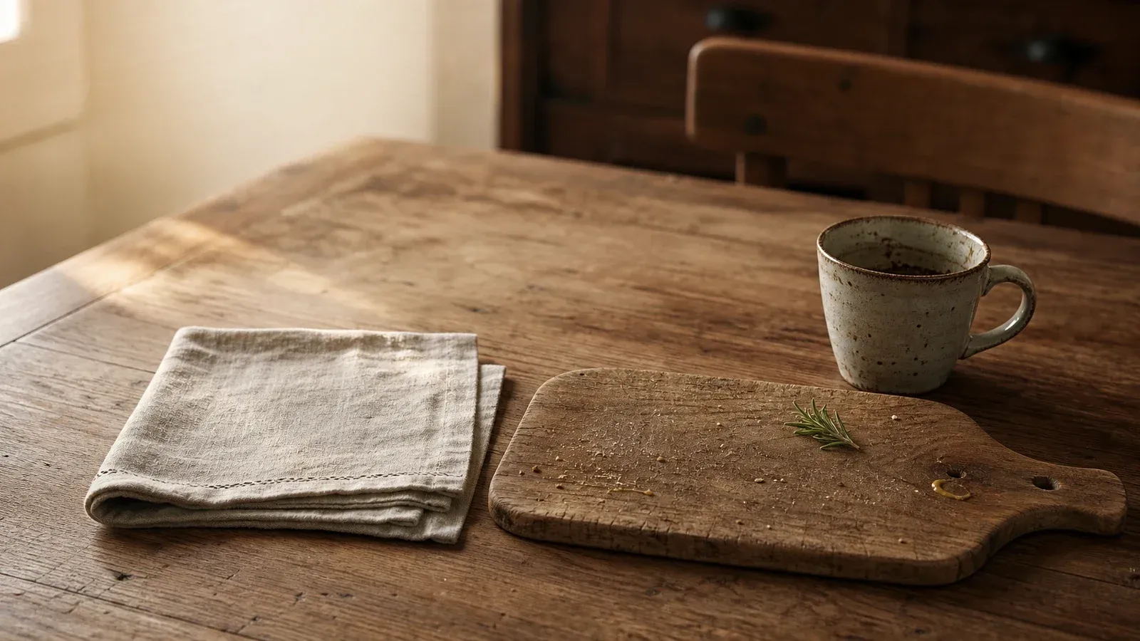 A wooden Jauselbrett snack board on a kitchen table after the Jause has been cleared: a few crumbs, an empty coffee cup, a folded linen napkin, late afternoon light from the window.