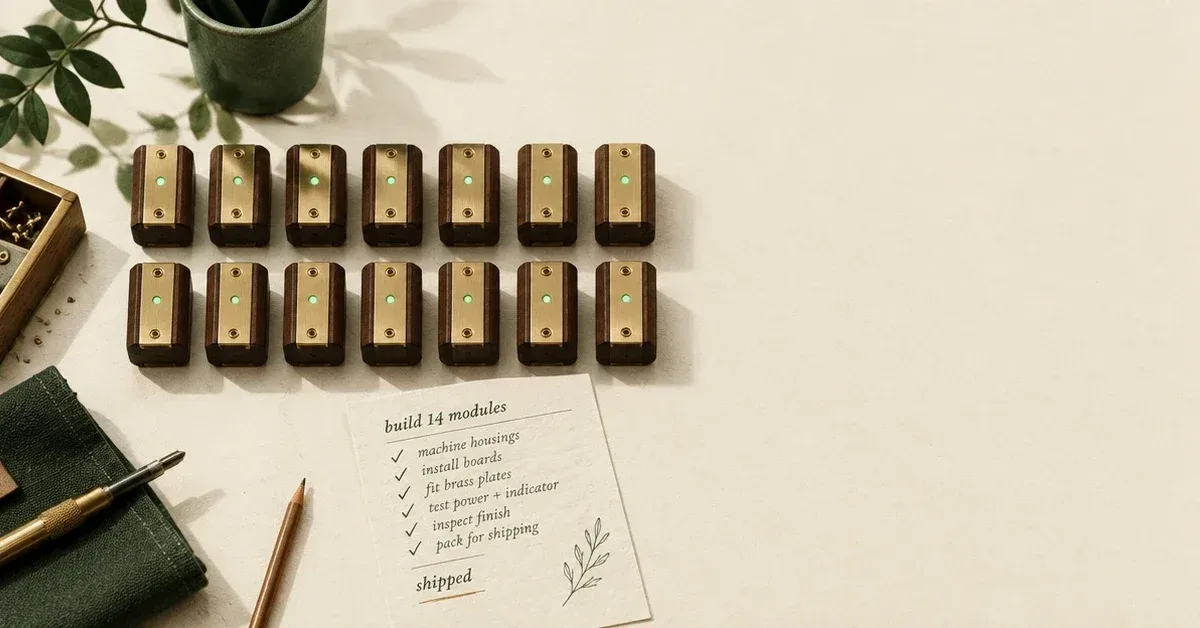 Fourteen brass-and-walnut modules in two rows, each with a green light, beside a ticked checklist ending in "shipped". AI-generated with Bildsprache.