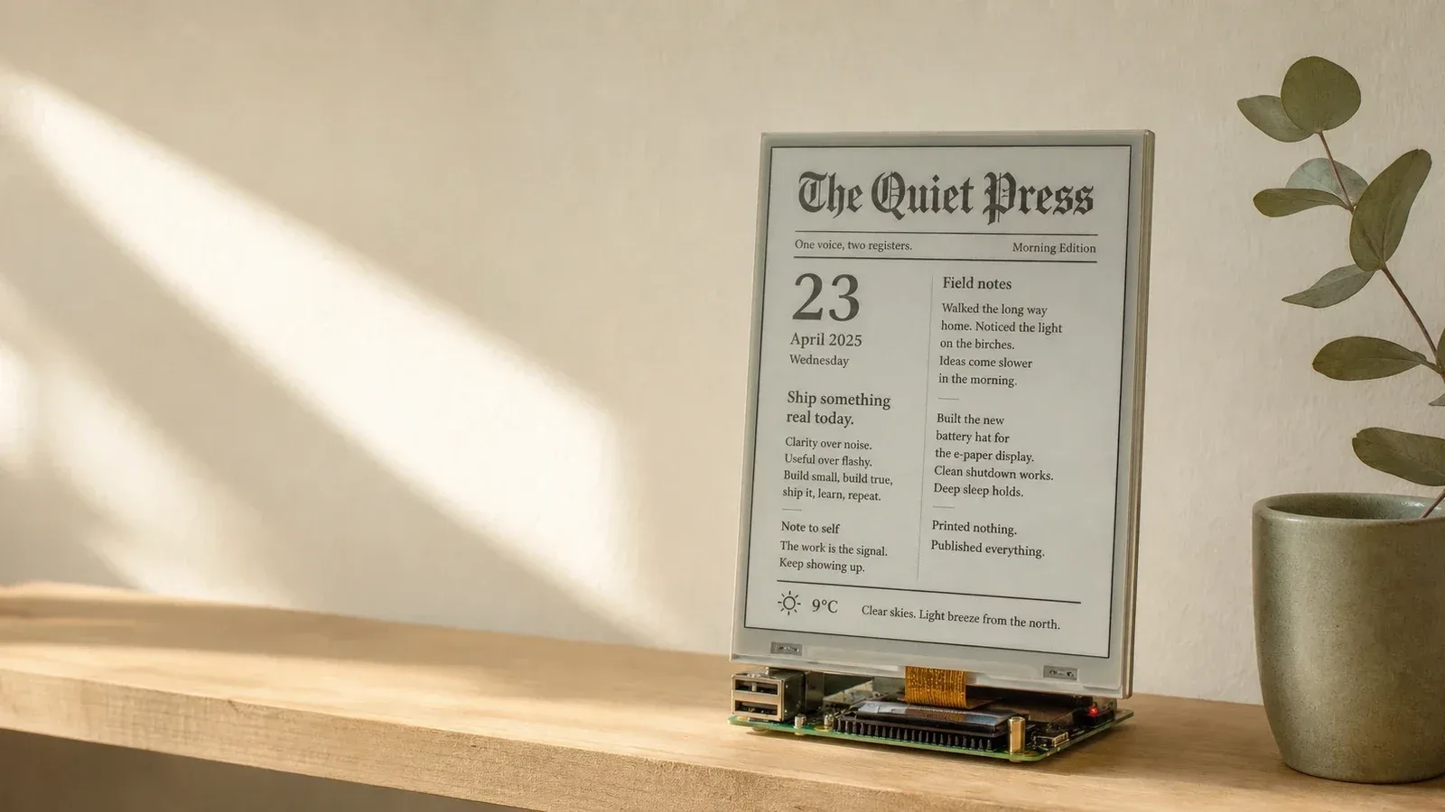 An e-paper newspaper display on a pale wooden shelf in raking morning light. A portrait Waveshare panel mounted on a Raspberry Pi board shows a grayscale broadsheet with a blackletter masthead reading The Quiet Press, a large date, two columns of text, and a weather line at the foot; a sprig of eucalyptus in a stoneware cup sits to the right, against a soft paper-bone wall.