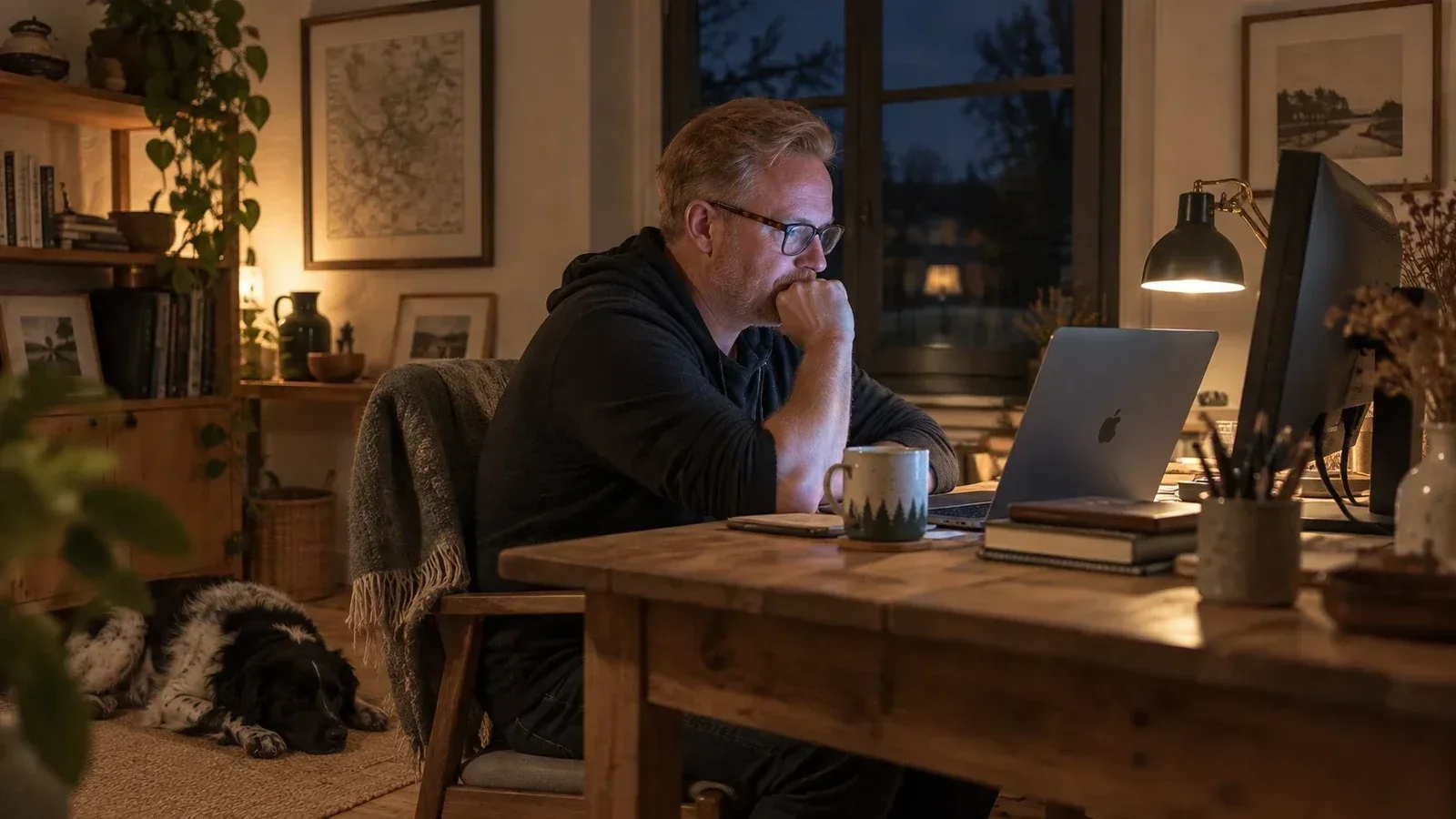 Casey at a wooden desk late at night, lit by laptop and screen, a dog asleep on the floor beside the chair.