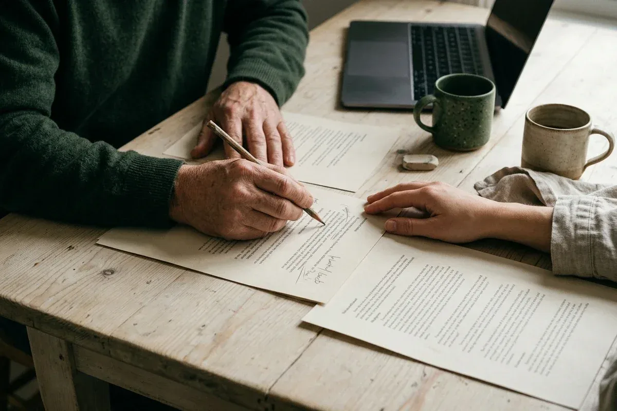 An older hand marking up a printed draft with a pencil while a younger hand holds the next page, a laptop pushed aside
