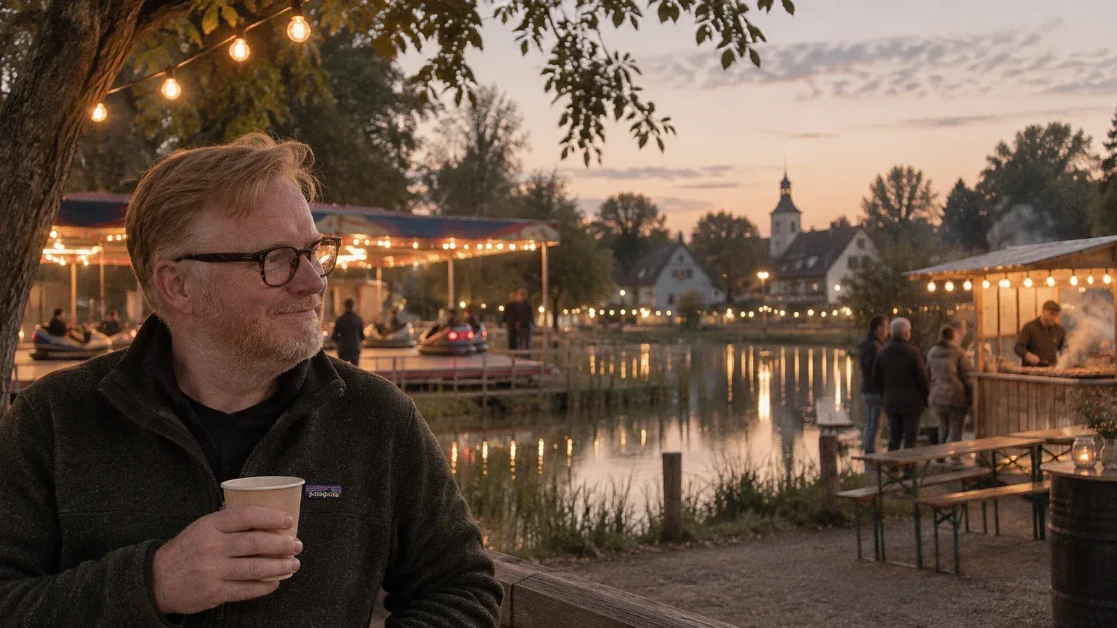 A village pond festival at dusk with a half-empty bumper car ride, string lights on the water and more empty benches than people; Casey stands at the edge with a paper cup.