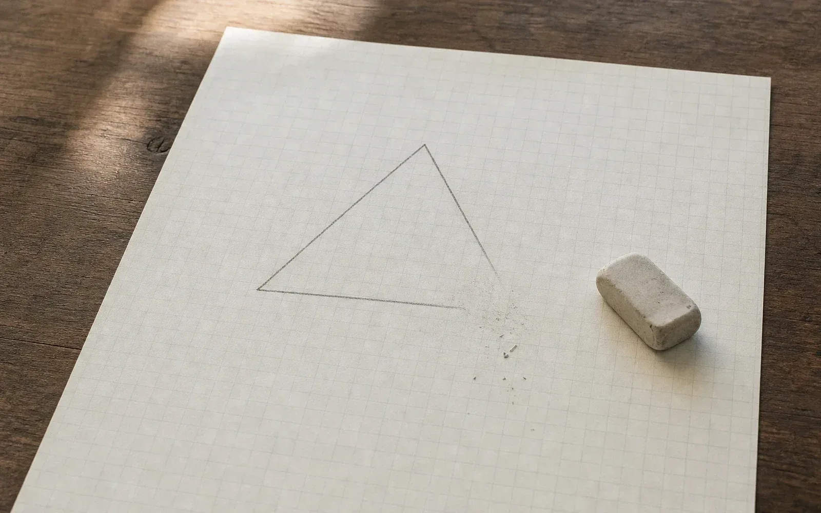 A pencil triangle on graph paper with one corner rubbed out, eraser crumbs where it was, the eraser resting beside the sheet. AI-generated.