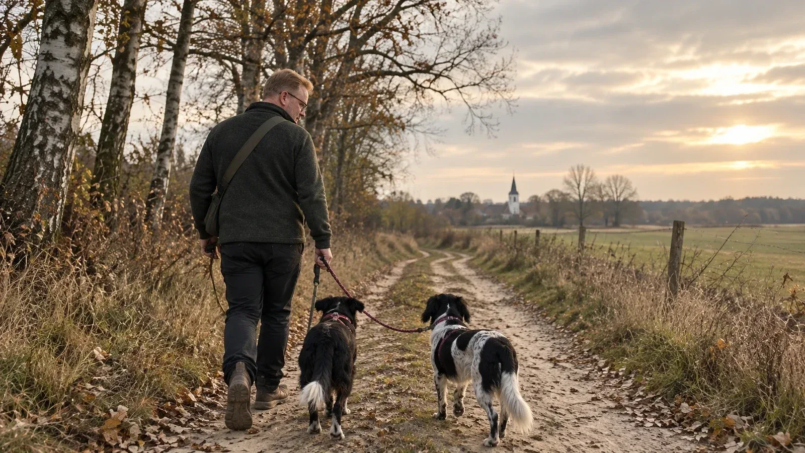 Casey walking Fimme and Sien along a sandy path lined with bare birches in late-October Brandenburg light.